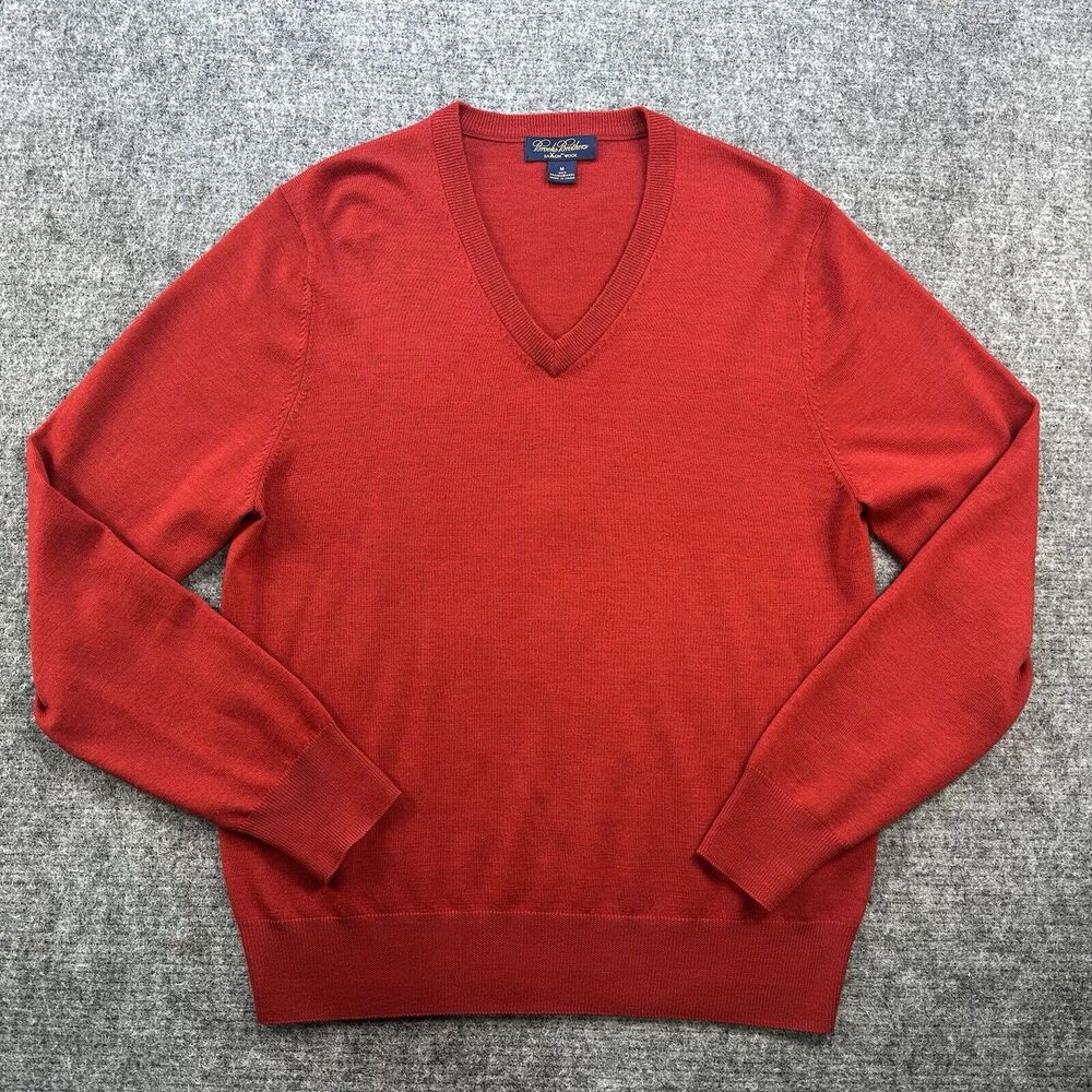 Brooks Brothers Sweater Men Medium Red Plaid Saxxon Wool Lightweight Warm